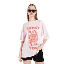 Trendseninle Lucky You Baskılı Pudra Pembe Oversize Kadın T-shirt