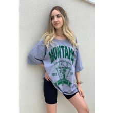 Trendseninle Montana Baskılı Oversize Gri Oversize Kadın T-shirt