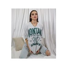 Trendseninle Montana Gri Bisiklet Yaka Yazılı Baskılı Oversize Kadın T-shirt