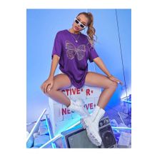 Trendseninle Ön Lazer Kelebek Baskılı Mor Oversize Kadın T-shirt