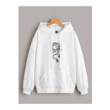 Trendseninle Önü Ejder Baskılı Beyaz Oversize Kapüşonlu Hoodie Kadın Sweatshirt