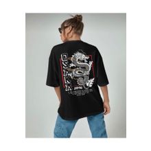 Trendseninle Osaka Baskılı Siyah Oversize Kadın T-shirt