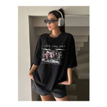 Trendseninle Seize The Day Baskılı Siyah Oversize Kadın T-shirt