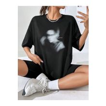 Trendseninle Shadow Baskılı Oversize Siyah Oversize Kadın T-shirt