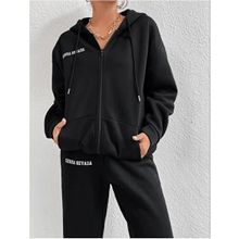 Trendseninle Sierra Nevada Baskılı Siyah Hırka Jogger Oversize Kadın Eşofman Takımı