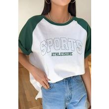 Trendseninle Sports Baskılı Pamuk Beyaz Kolları Yeşil Bisiklet Yaka Oversize Boyfriend Oversize Kadın T-shirt