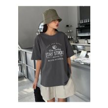 Trendseninle Stay Strong Baskılı Füme Oversize Kadın T-shirt