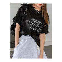 Trendseninle Trends Baskılı Siyah Oversize Kadın T-shirt