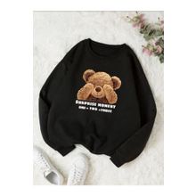 Trendseninle Utangaç Ayıcık Siyah Baskılı Bisiklet Yaka Kadın Sweatshirt