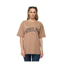 Trendseninle Wordless Baskılı Vizon Kahverengi Oversize Kadın T-shirt