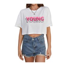 Trendseninle Young Baskılı Beyaz Bisiklet Yaka Crop Oversize Kadın T-shirt