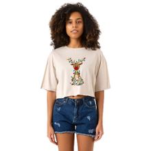 Tshirthane Adorable Reindeer Christmas Bej Kadın Crop