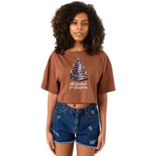 Tshirthane All Booked For Christmas Kahverengi Kadın Crop