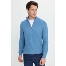 Tudors Erkek Slim Fit Dar Kesim Fermuarlı İndigo Dik Yaka Triko Kazak - 2XL