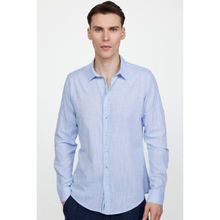 Tudors Slim Fit Uzun Kol Apoletli Keten Düz Erkek Mavi Gömlek