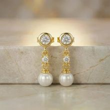 VAOOV 925 Ayar Gümüş Sallantılı Taşlı Gold İnci Küpe