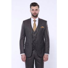 Wessi Çizgili Slim Fit Kahverengi Yelekli Takım Elbise