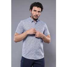 Wessi Erkek Lacivert Slim Fit Kısa Kollu Çiçek Desenli Gömlek