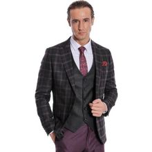 Wessi Mor Yelekli Slim Fit Ekose Siyah Erkek Takım Elbise