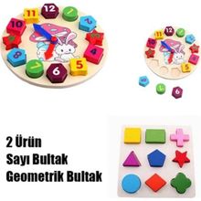 Wooden Toys  eğitici Ahşap Oyuncaklar 2in1 Set Tavşanlı Bultak Saat+Geometrik