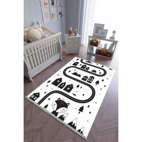 10 Post Online Beyaz Siyah Kaymaz Oval Kesme 80x200 cm Çocuk Odası Halı