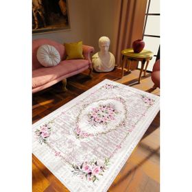 10 Post Online Figürlü Çiçekli Pembe Beyaz Gri Kaydırmaz Kesme Yıkanabilir İnce 100x200 cm Halı