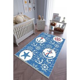 10 Post Online Lacivert Beyaz Kaymaz Oval Kesme 80x500 cm Çocuk Odası Halı