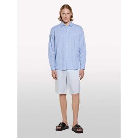 %100 Keten Slim Fit Bermuda Şort Erkek Mavi Şort