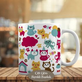 1042-31 Rengarenk Kedi Desenleri Kupa Bardak