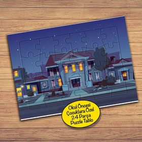 1128 Mavi Gecede Ev Manzarası Çocuklara Özel Puzzle Yapboz Tablo