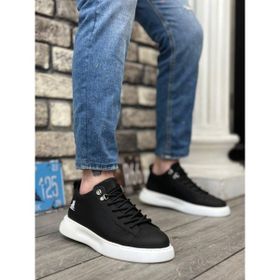 11boa BA0331 Bağcıklı Erkek Yüksek Taban Cilt Siyah Beyaz Taban Spor Ayakkabı