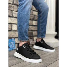 11boa BA0331 Bağcıklı Erkek Yüksek Taban Cilt Siyah Beyaz Taban Spor Ayakkabı