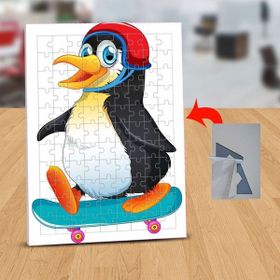 124028 Kaykay Yapan Kasklı Penguen 99 Parça Puzzle Yapboz Tablo
