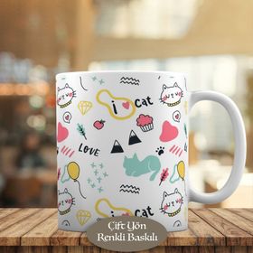 1282 Love Cat Kedi Balon ve Kekler Kupa Bardak