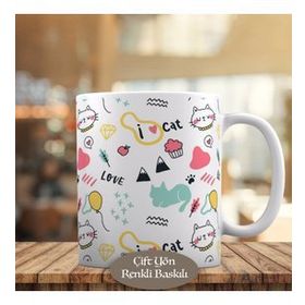 1282 Love Cat Kedi Balon ve Kekler Kupa Bardak