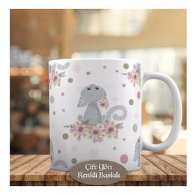 1305-1911 Pembe Çiçekler Arasında Gri Kedi Kupa Bardak