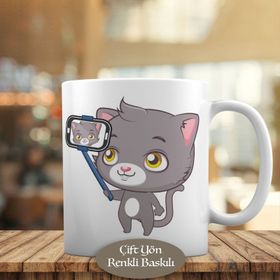 1335-44 Selfie Çeken Gri Tüylü Kedicik Kupa Bardak