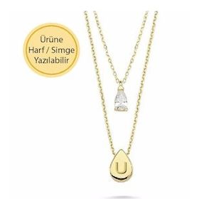 14 Ayar Altın Damla Taşlı İkili Kolye