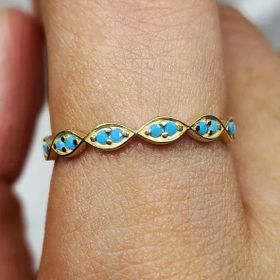 14 Ayar Altın Göz Sıralı Turkuaz Taşlı Minimal Alyans
