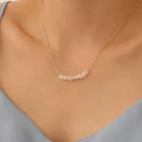 14 Ayar Mikron Altın Kaplama Doğal Pembe Kuvars Taşlı Bar Kolye