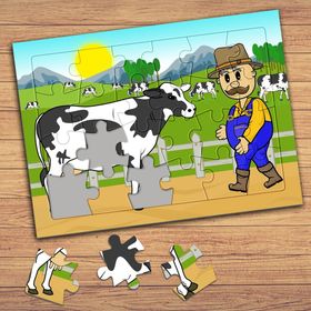 1465 Mutlu Çiftçi Ve İnek Çocuklara Özel Puzzle Yapboz Tablo