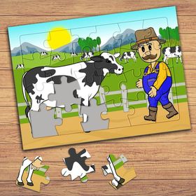 1465 Mutlu Çiftçi Ve İnek Çocuklara Özel Puzzle Yapboz Tablo