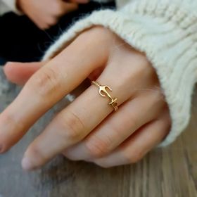 14k Altın Kalbinde Demirli Çapa Yüzük