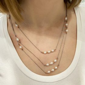 160 cm Çok Uzun Zincir 3 Dolamalı Doğal İncili 925 Gümüş Kolye