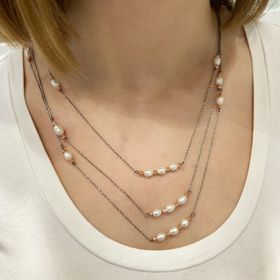 160 cm Çok Uzun Zincir 3 Dolamalı Doğal İncili 925 Gümüş Kolye