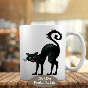 16249 Siyah Tüylü Yeşil Gözlü Huysuz Kedi Kupa Bardak