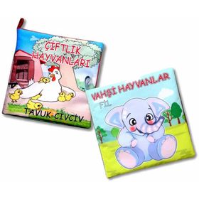 2 Kitap Tox Çiftlik Hayvanlar ve Vahşi Hayvanlar Kumaş Sessiz Kitap T058 T111 - Bez Kitap Eğitici Oyuncak Yumuşak ve Hışırtılı