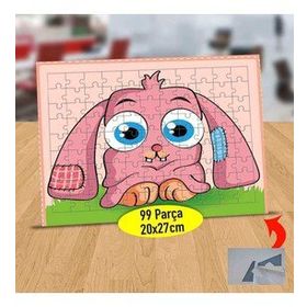 210 Pembe Tüylü Mavi Gözlü Tavşan 99 Parça Puzzle Yapboz Tablo