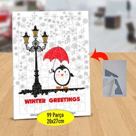 214 Karlı Havada Şemsiyeli Penguen 99 Parça Puzzle Yapboz Tablo