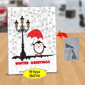 214 Karlı Havada Şemsiyeli Penguen 99 Parça Puzzle Yapboz Tablo